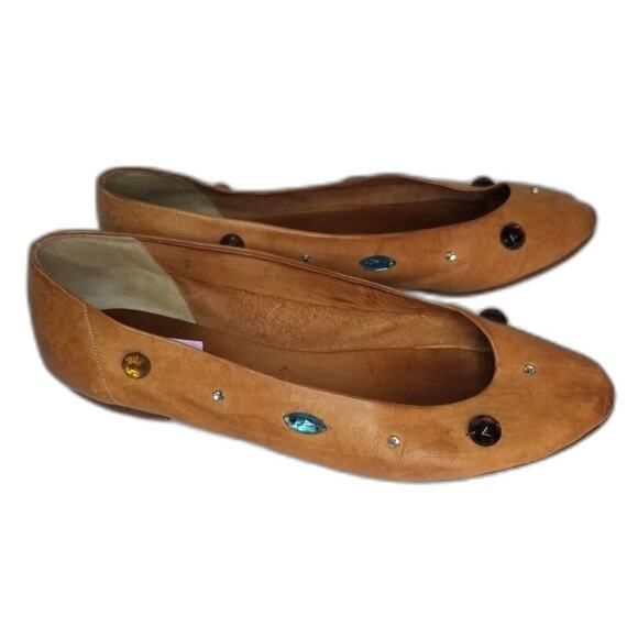80s Vintage Joan & David Vegetable Tanned Leather Be-jeweled Tan Flats Size 7.5 - Picture 4 of 8